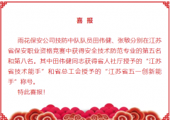 雨花保安公司田伟健同志喜获江苏省技术能手称号